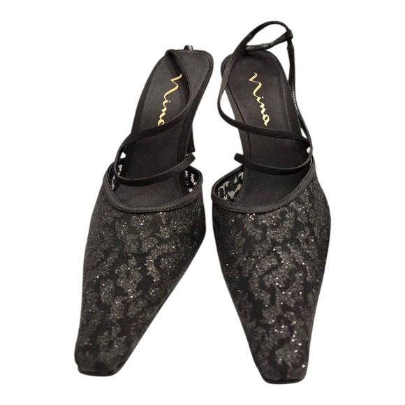 Nina Women's Black Glitter Slingback Heels Size 8.5 - Picture 5 of 8